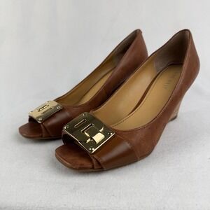 Nine West Brown Leather Open Toe Wedge‎ Heel with Gold Buckle Detail Women's